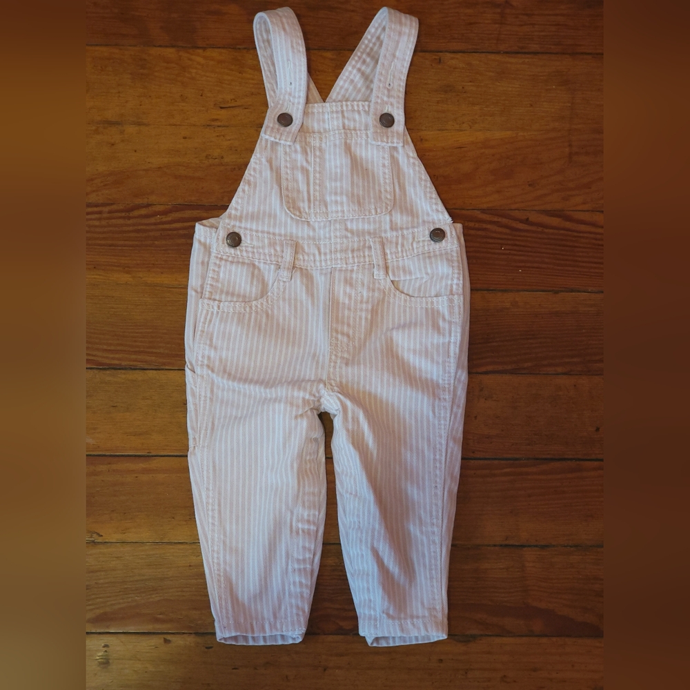 Pink and White stripe denim overalls 12-18 month